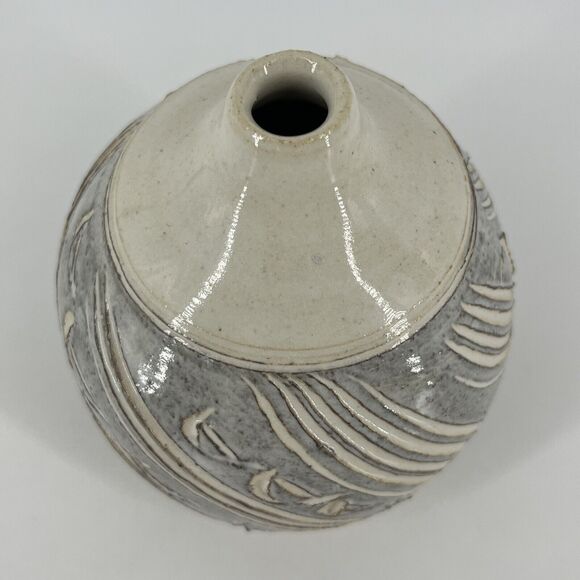 Vintage Stoneware Ceramic Studio Art Pottery Glazed Carved Bud Vase Signed - Picture 2 of 14